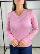 Blusa Tricot Feminina Decote V Manga Longa