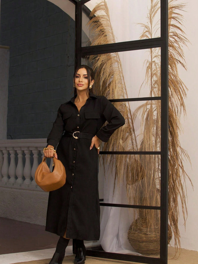 Vestido feminino longo em relevo Elegante com cinto - Carla