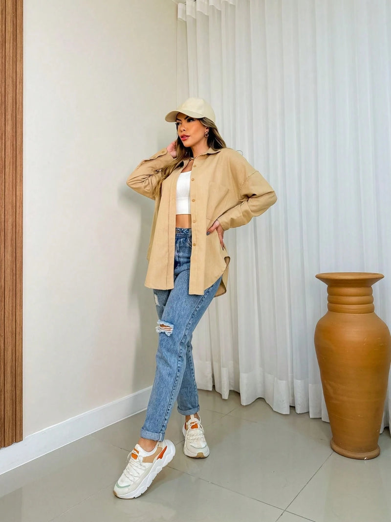 Camisa linho feminina manga longa de Bolso - Córdoba