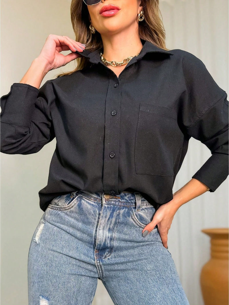 Camisa linho feminina manga longa de Bolso - Córdoba