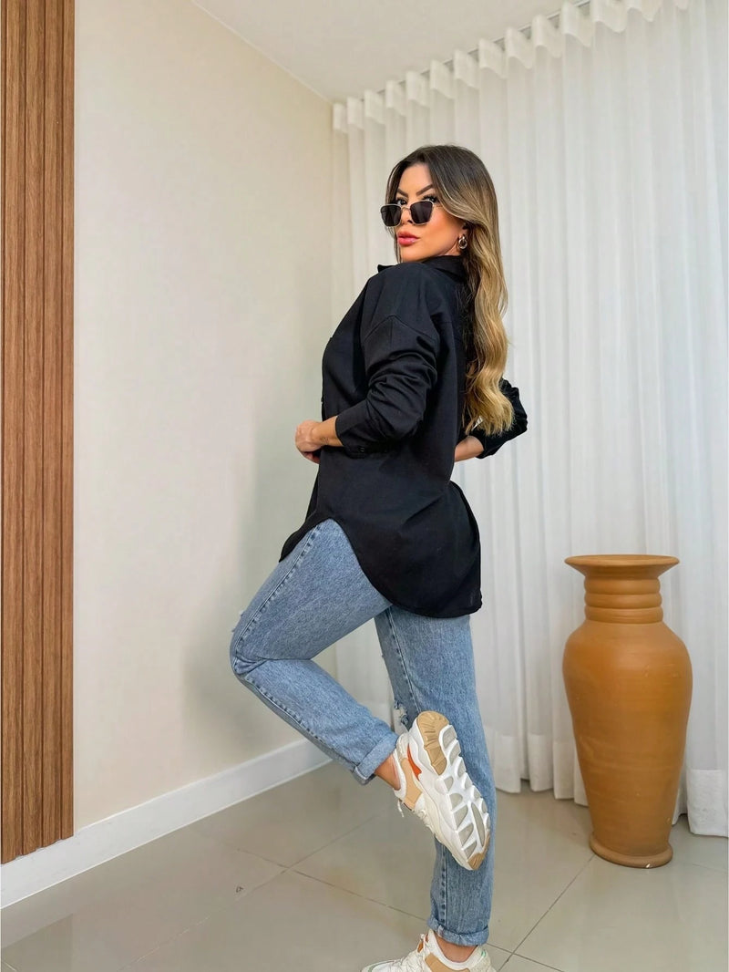 Camisa linho feminina manga longa de Bolso - Córdoba