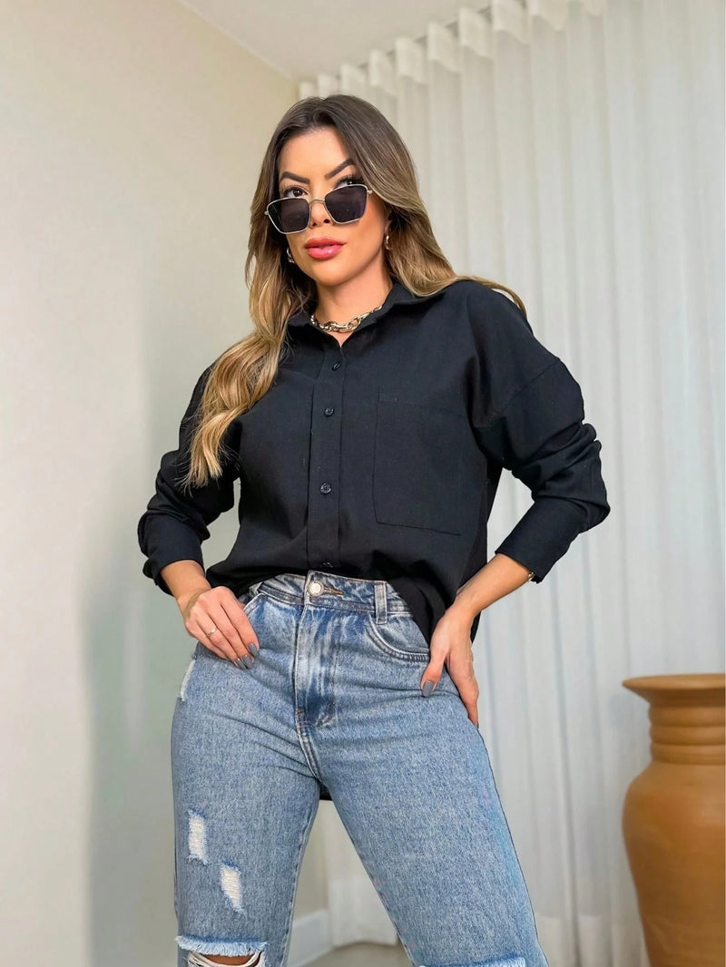 Camisa linho feminina manga longa de Bolso - Córdoba