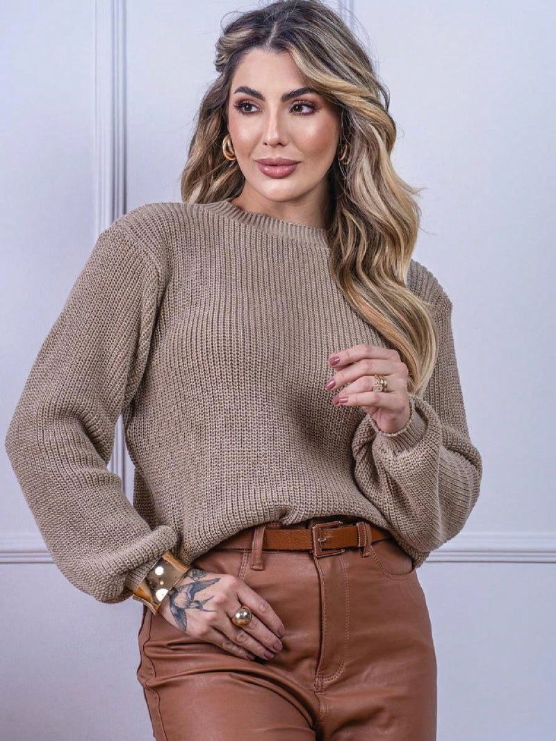 Blusa cropped feminina de tricot manga bufante lisa outono inverno