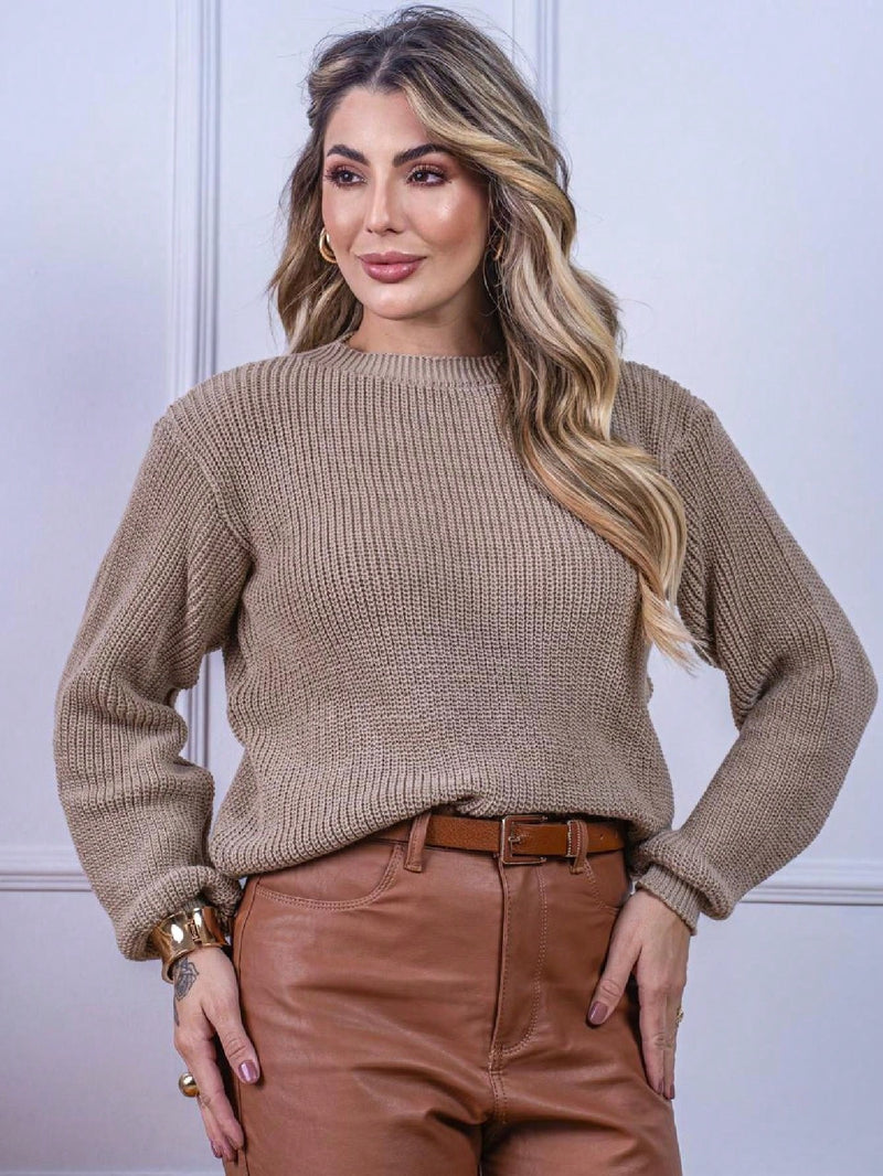 Blusa cropped feminina de tricot manga bufante lisa outono inverno