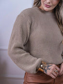 Blusa cropped feminina de tricot manga bufante lisa outono inverno