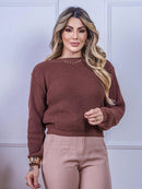 Blusa cropped feminina de tricot manga bufante lisa outono inverno