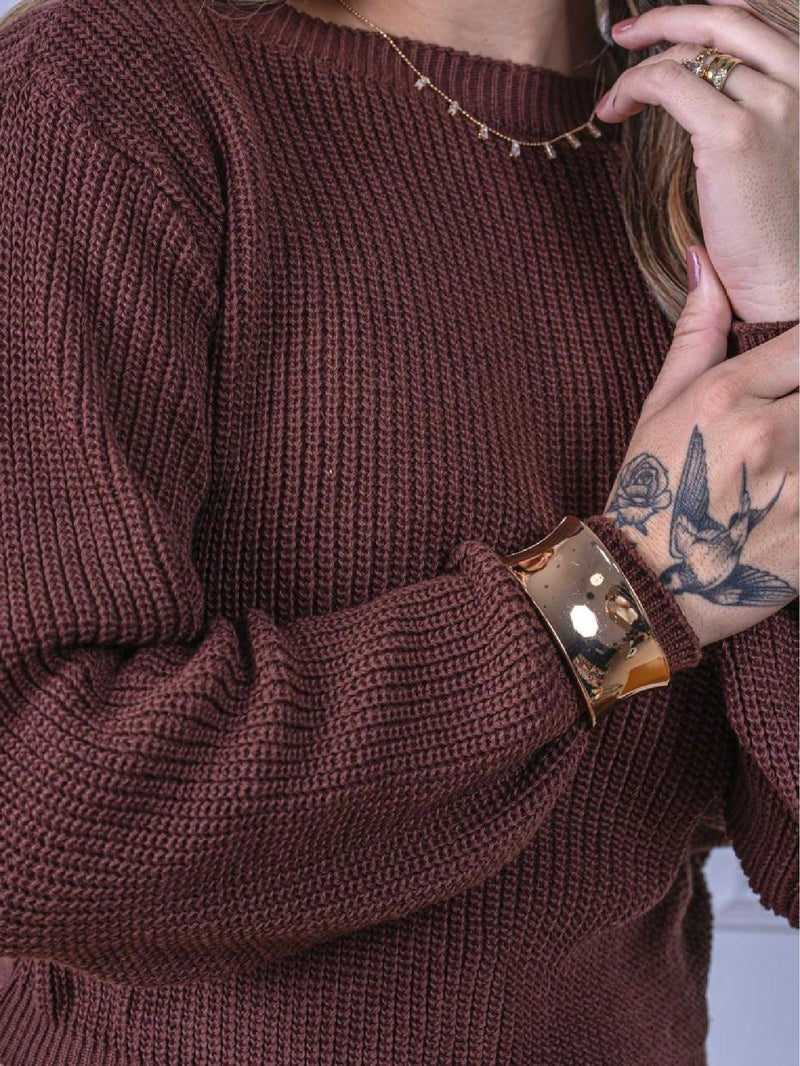 Blusa cropped feminina de tricot manga bufante lisa outono inverno