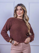 Blusa cropped feminina de tricot manga bufante lisa outono inverno