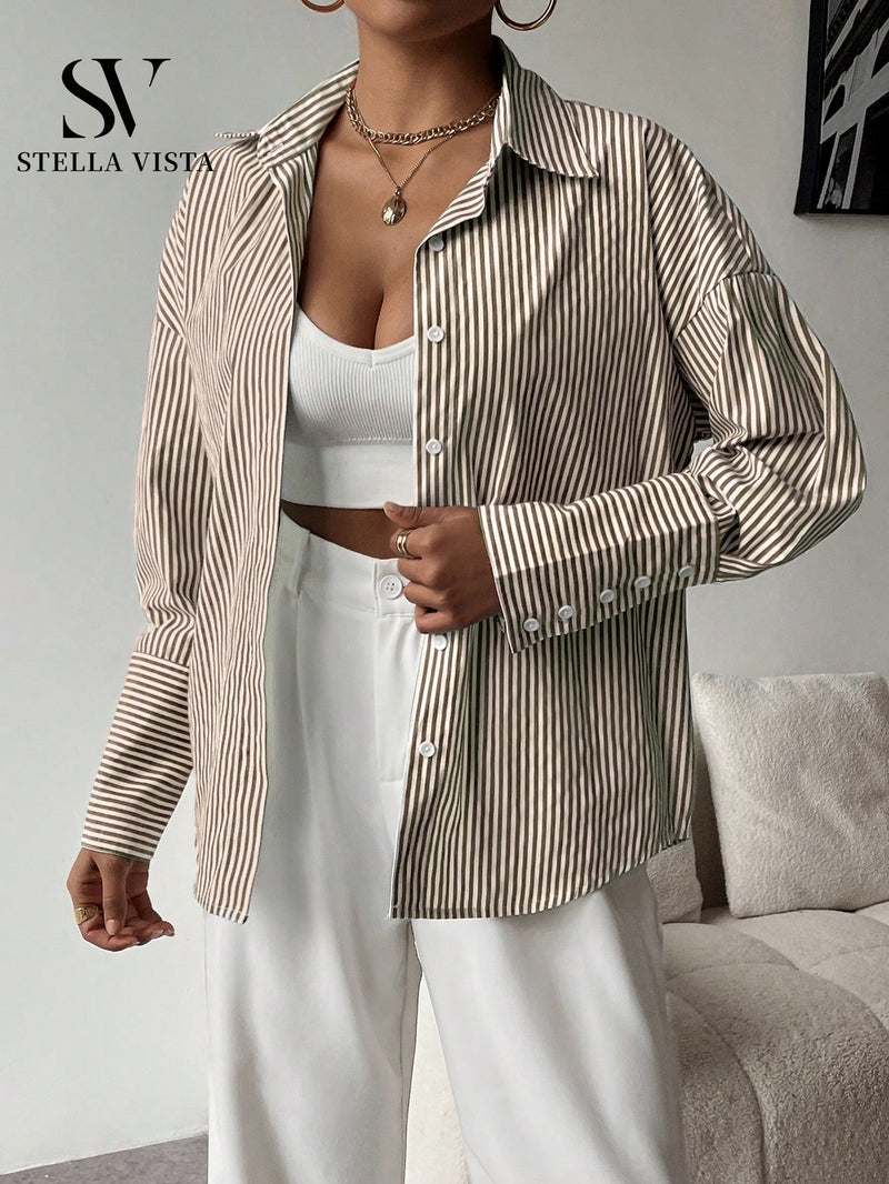 Camisa feminina elegante de manga longa listrada - Valência