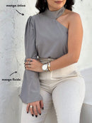 Camisa Nula Manga Detalhe no Pescoço Nula Manga Mula Manca