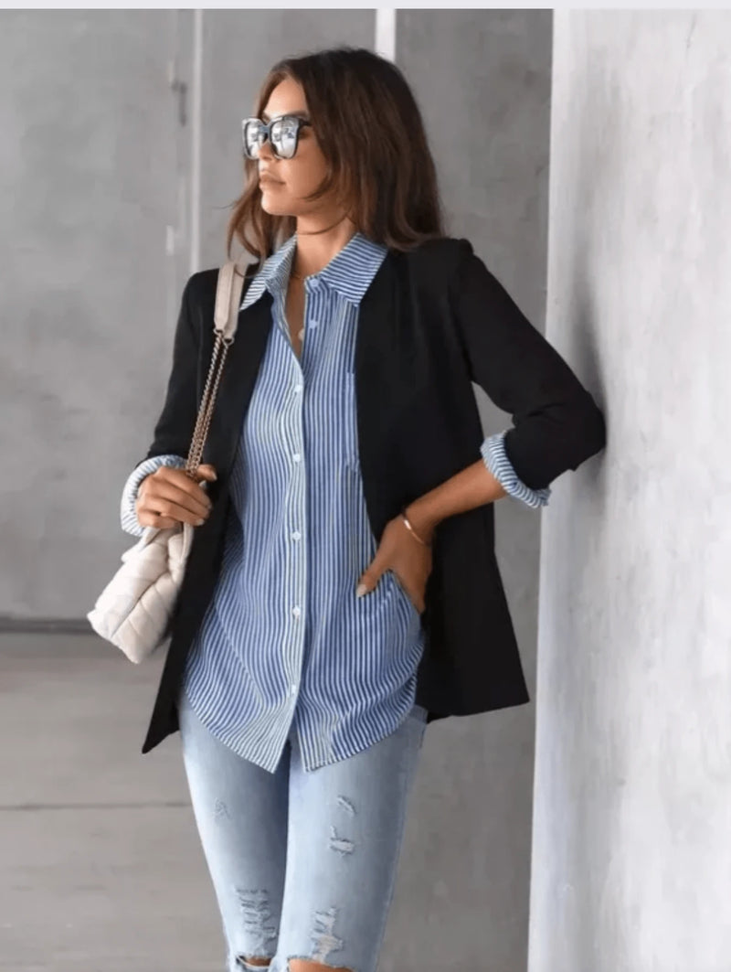 Camisa Manga Longa Feminina Listrada com Botões Solta em Tecido Crepe Premium sem Bolso Tendencia Casual Elegânte