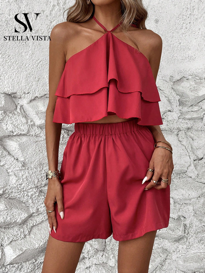 Conjunto feminino verão com Cropped babado e short