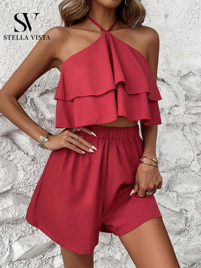 Conjunto feminino verão com Cropped babado e short