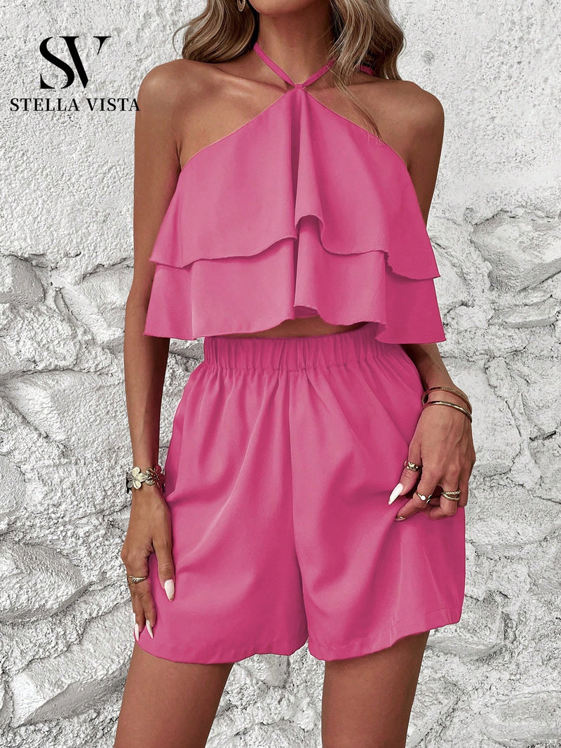 Conjunto feminino verão com Cropped babado e short