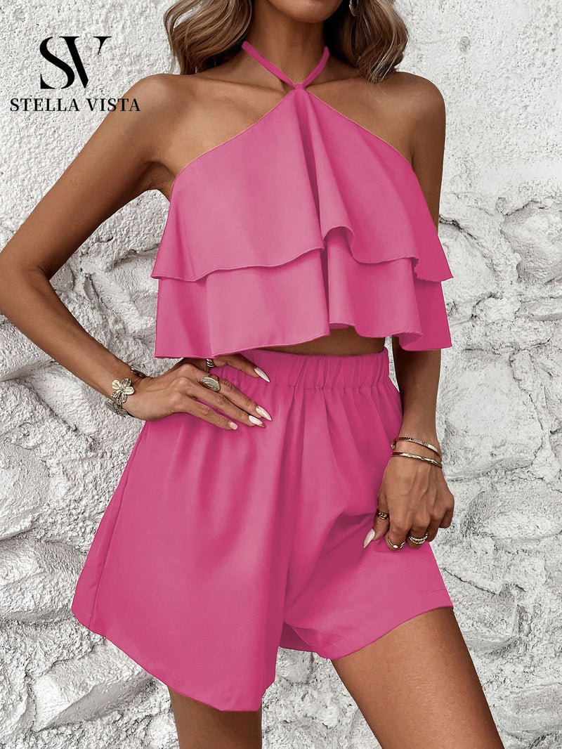 Conjunto feminino verão com Cropped babado e short