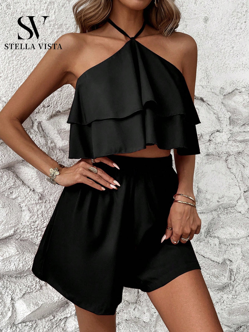 Conjunto feminino verão com Cropped babado e short