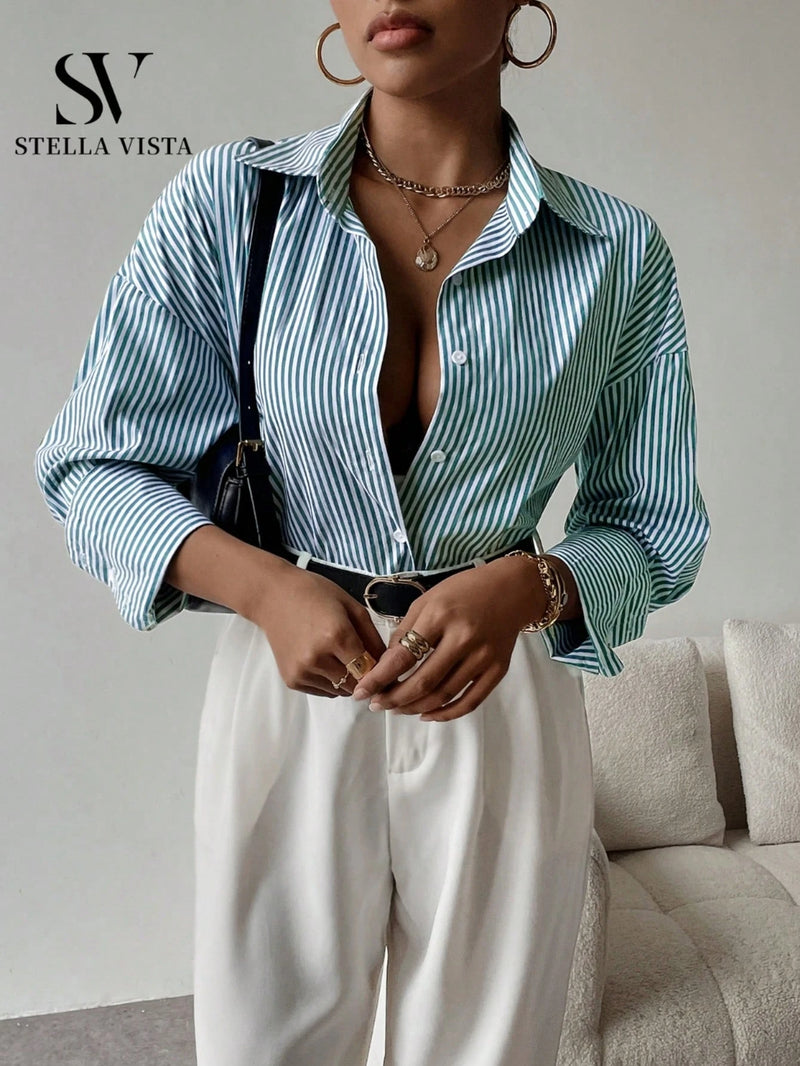Camisa feminina elegante de manga longa listrada - Valência