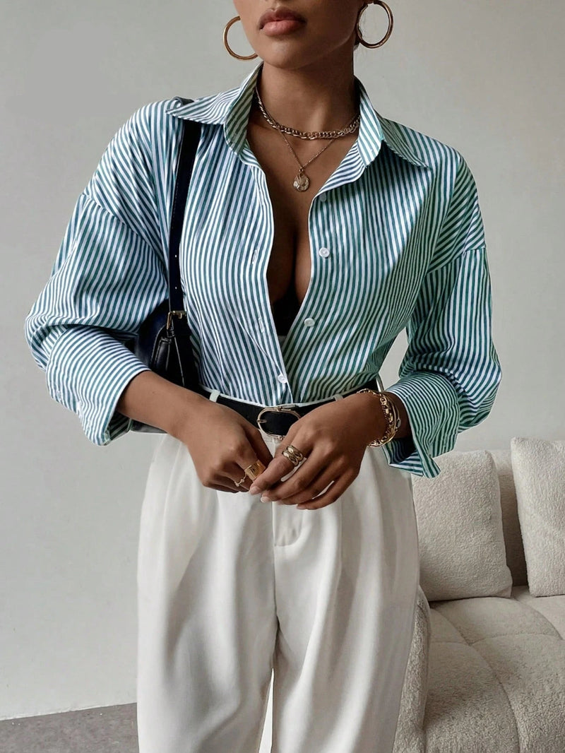 Camisa feminina elegante de manga longa listrada - Valência