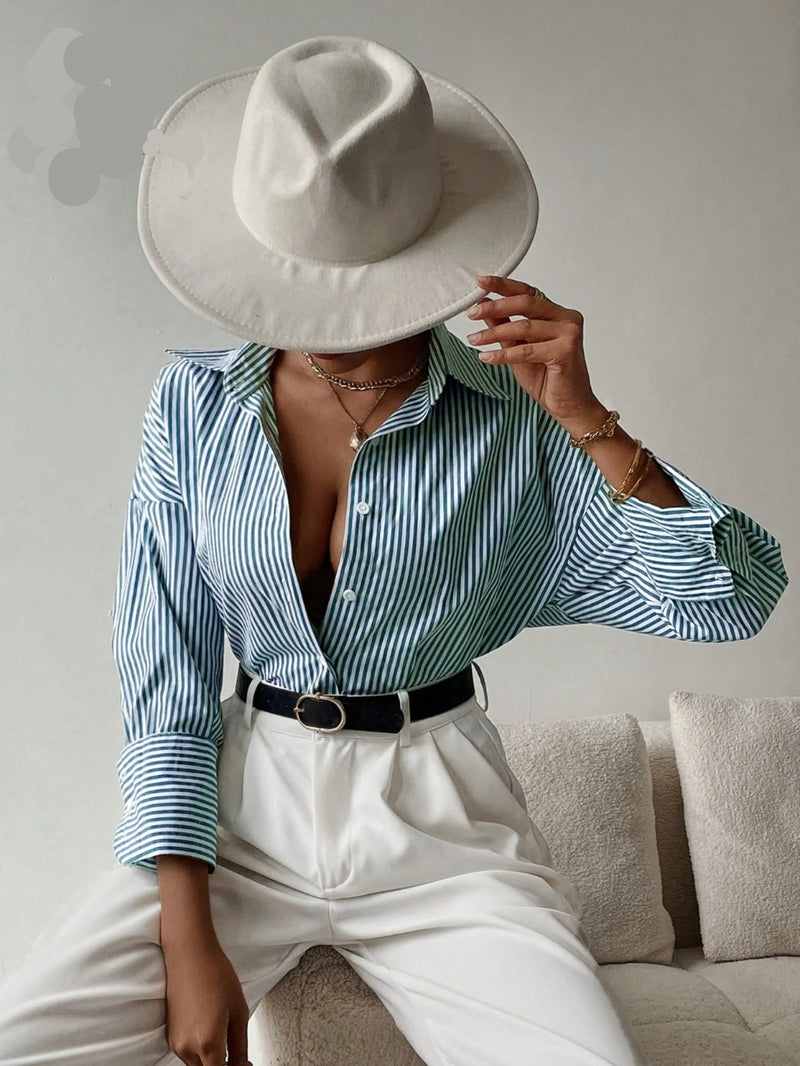 Camisa feminina elegante de manga longa listrada - Valência