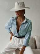 Camisa feminina elegante de manga longa listrada - Valência