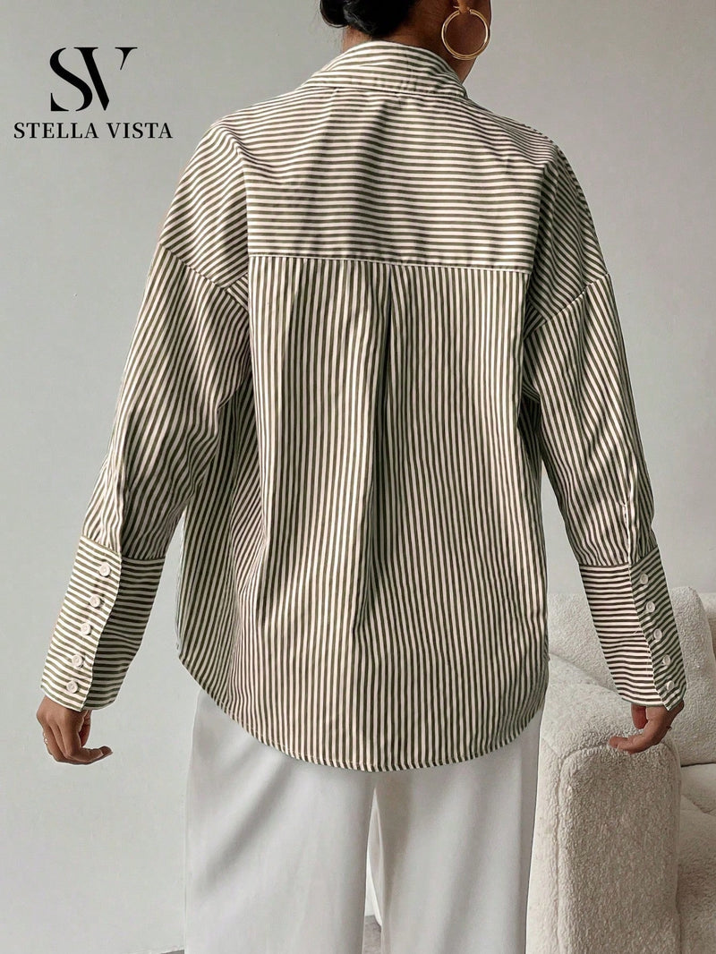 Camisa feminina elegante de manga longa listrada - Valência