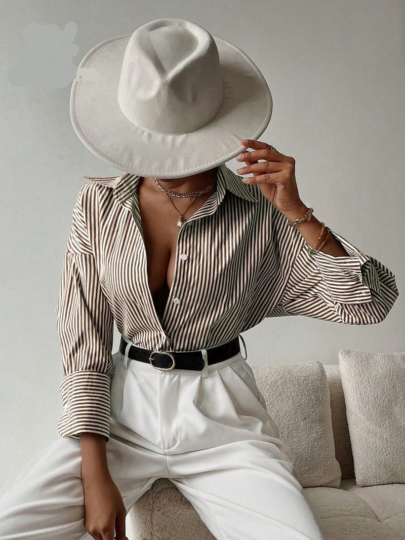 Camisa feminina elegante de manga longa listrada - Valência