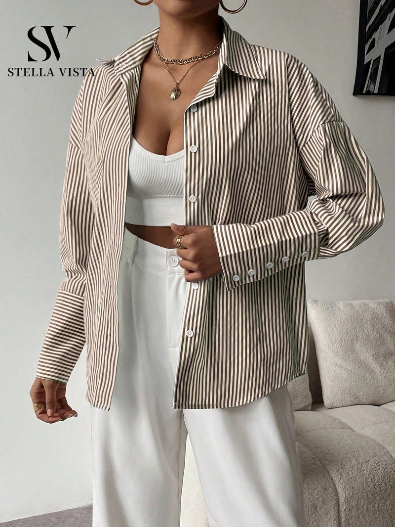 Camisa feminina elegante de manga longa listrada - Valência