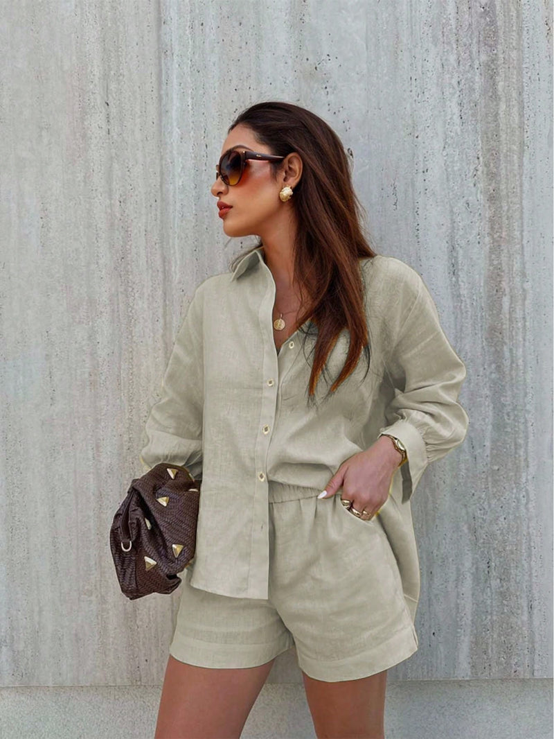 Conjunto feminino em linho com blusa leve e short casual - Zurique