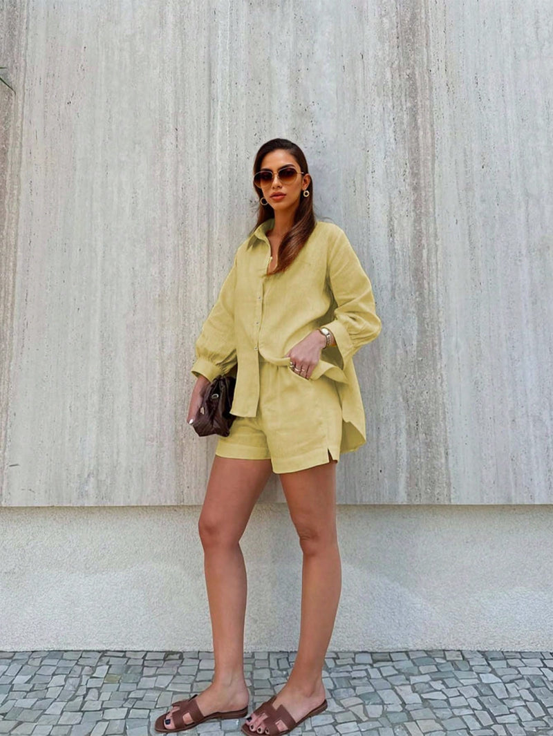 Conjunto feminino em linho com blusa leve e short casual - Zurique