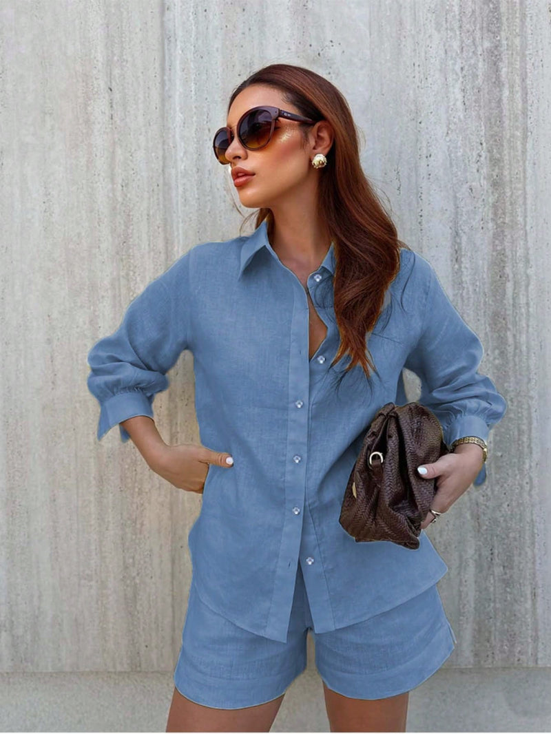 Conjunto feminino em linho com blusa leve e short casual - Zurique