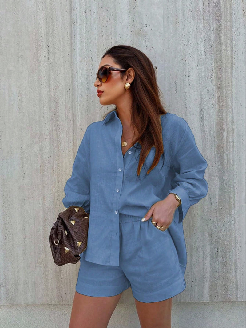 Conjunto feminino em linho com blusa leve e short casual - Zurique