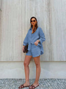 Conjunto feminino em linho com blusa leve e short casual - Zurique