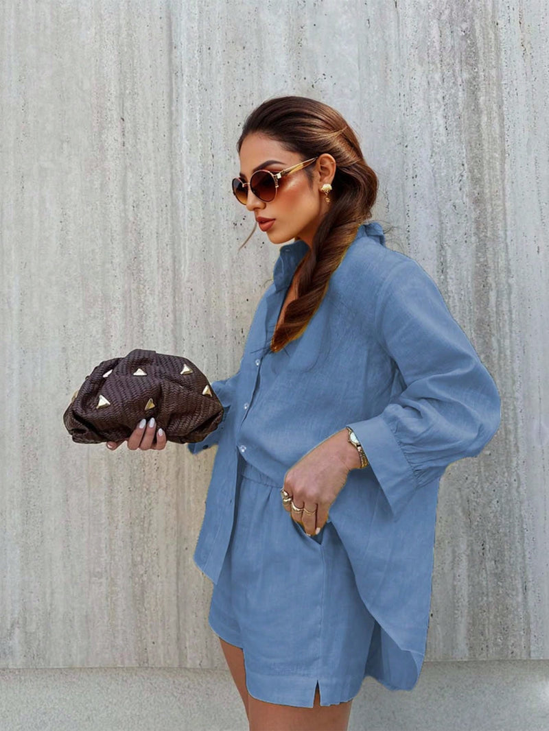 Conjunto feminino em linho com blusa leve e short casual - Zurique