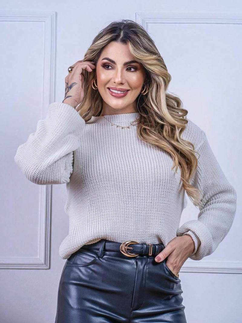 Blusa cropped feminina de tricot manga bufante lisa outono inverno