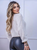 Blusa cropped feminina de tricot manga bufante lisa outono inverno