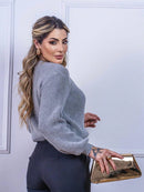 Blusa cropped feminina de tricot manga bufante lisa outono inverno