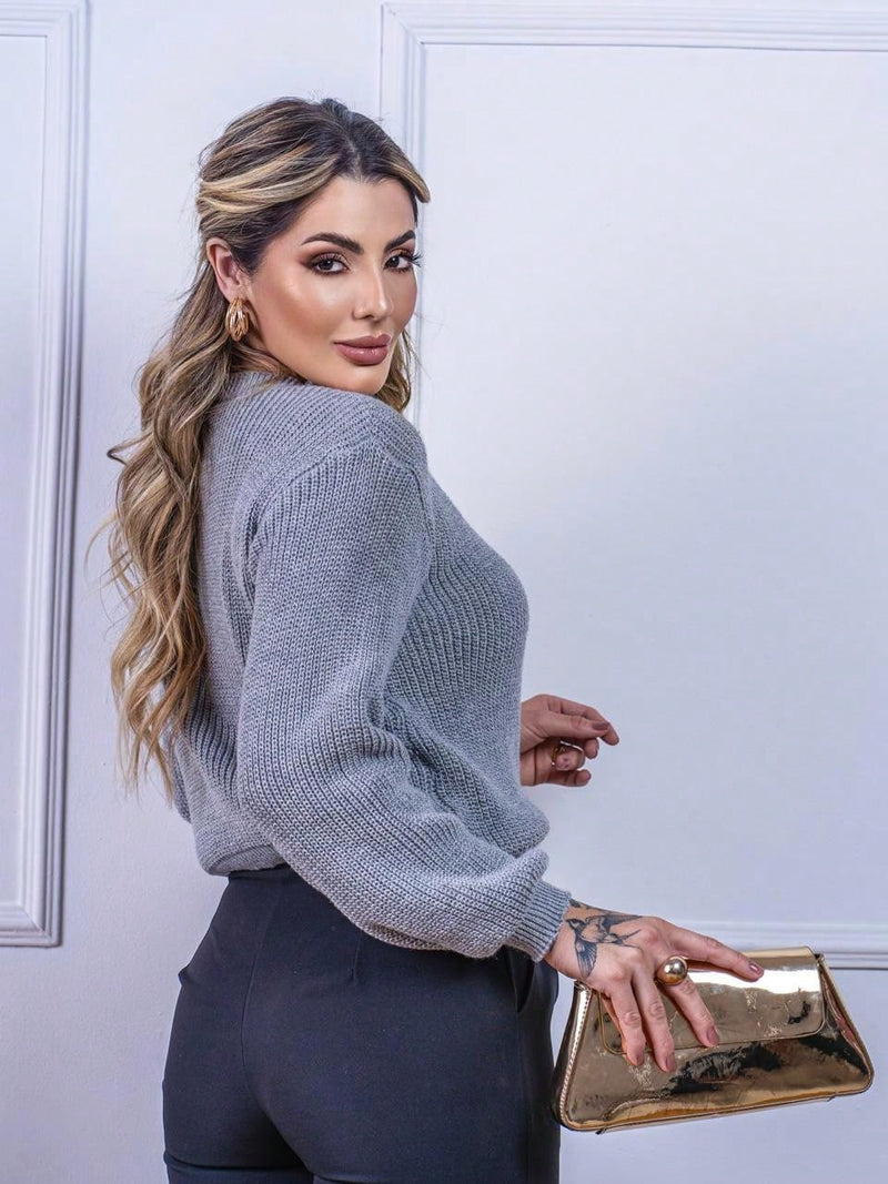 Blusa cropped feminina de tricot manga bufante lisa outono inverno