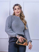 Blusa cropped feminina de tricot manga bufante lisa outono inverno