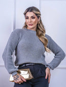 Blusa cropped feminina de tricot manga bufante lisa outono inverno