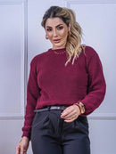 Blusa cropped feminina de tricot manga bufante lisa outono inverno