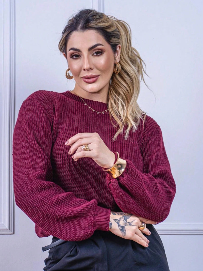 Blusa cropped feminina de tricot manga bufante lisa outono inverno