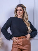 Blusa cropped feminina de tricot manga bufante lisa outono inverno