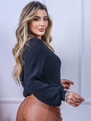 Blusa cropped feminina de tricot manga bufante lisa outono inverno