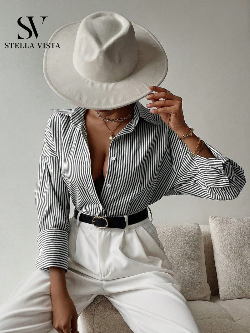 Camisa feminina elegante de manga longa listrada - Valência