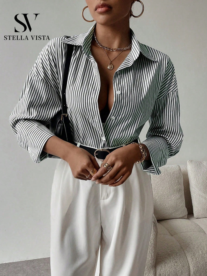 Camisa feminina elegante de manga longa listrada - Valência