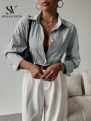 Camisa feminina elegante de manga longa listrada - Valência