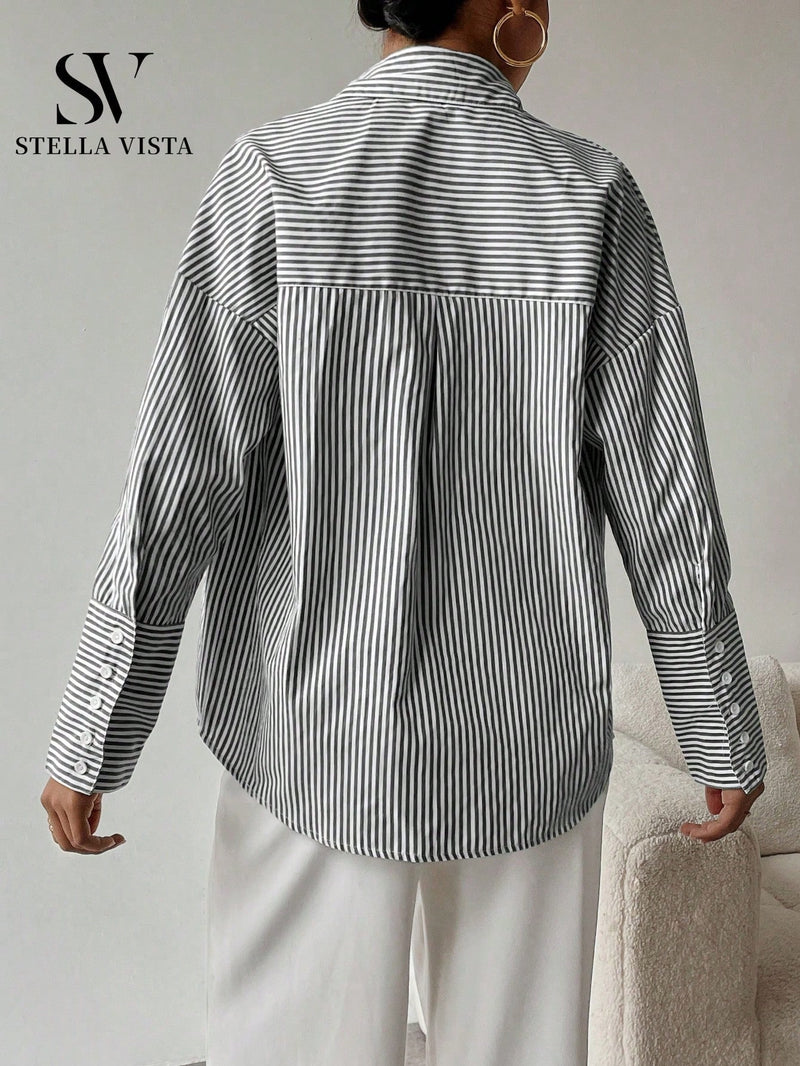 Camisa feminina elegante de manga longa listrada - Valência